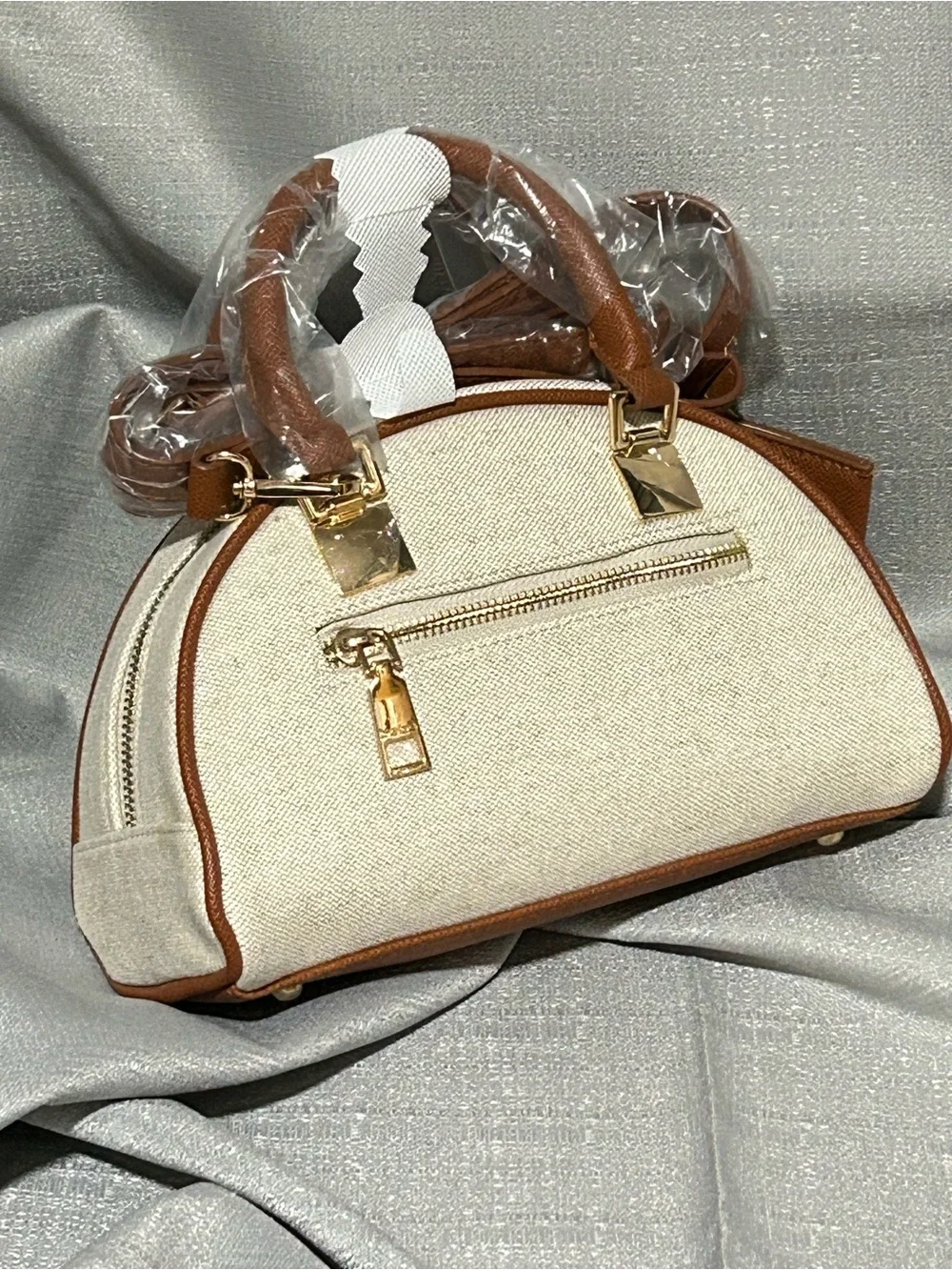 bebe Cream & Brown Dome Satchel with Striped Center